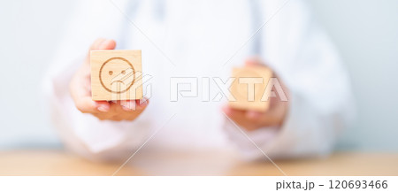 Doctor show Unhappy sad face block, Mental health Assessment, Psychology, Health Wellness, Negative Feedback, Customer Review, Bad Experience, Satisfaction Survey, World Mental Health day concept 120693466