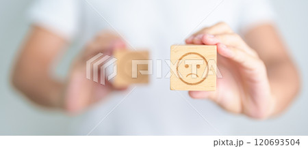 Woman show Unhappy Sad face block, Mental health Assessment, Psychology, Health Wellness, Feedback, Customer Review, Experience, Satisfaction Survey, Negative Thinking and World Mental Health day 120693504