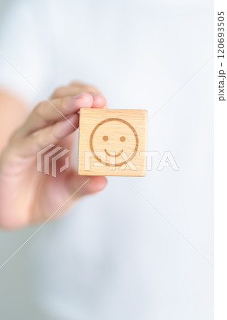 Woman show Happy Smile face block, Mental health Assessment, Psychology, Health Wellness, Feedback, Customer Review, Experience, Satisfaction Survey, Positive Thinking and World Mental Health day 120693505