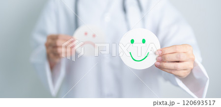 Doctor show Happy smile face paper, Mental health Assessment, Psychology, Health Wellness, Positive Feedback, Customer Review, Good Experience, Satisfaction Survey, World Mental Health day concept 120693517