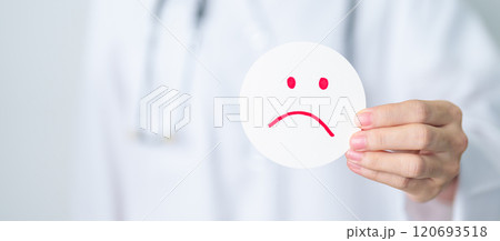 Doctor show Unhappy sad face paper, Mental health Assessment, Psychology, Health Wellness, Negative Feedback, Customer Review, Bad Experience, Satisfaction Survey, World Mental Health day concept 120693518