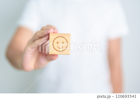 Woman show Happy Smile face block, Mental health Assessment, Psychology, Health Wellness, Feedback, Customer Review, Experience, Satisfaction Survey, Positive Thinking and World Mental Health day 120693541