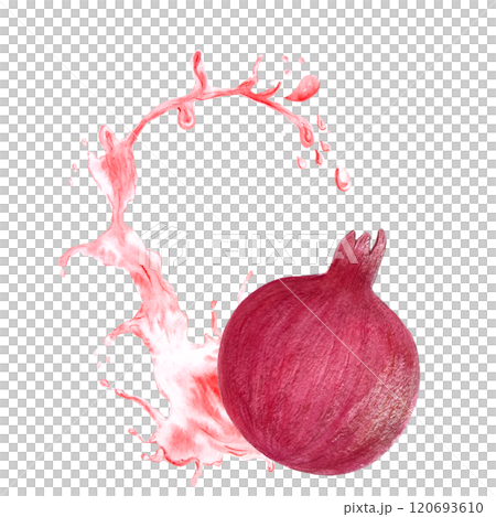 Ripe pomegranate splashing in a pink juice, rich textured, vibrant illustration isolated on white. The hand-painted watercolor perfect for culinary designs, juice packages, kitchen decor, prints 120693610