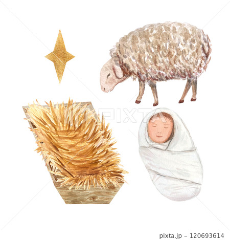 Wooden manger, baby Jesus, sheep and a star watercolor set isolated on white. Hand painted perfect for cards, stickers, celebration of true Christmas, decoration design. Christian tradition clipart Wooden manger, baby Jesus, sheep and a star watercolor set isolated on white. Hand painted perfect for cards, stickers, celebration of true Christmas, decoration design. Christian tradition clipart 120693614
