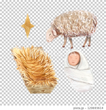 Wooden manger, baby Jesus, sheep and a star watercolor set isolated on white. Hand painted perfect for cards, stickers, celebration of true Christmas, decoration design. Christian tradition clipart Wooden manger, baby Jesus, sheep and a star watercolor set isolated on white. Hand painted perfect for cards, stickers, celebration of true Christmas, decoration design. Christian tradition clipart 120693614