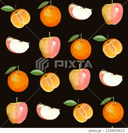 A shiny striped apple and an orange whole and half watercolor seamless pattern on black background. Hand-painted art perfect for kitchen designs, prints, packages, wrapping paper, harvest theme 120693623