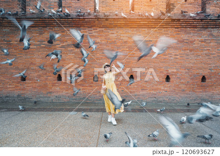 Young asian woman traveler in Yellow dress with hat and bag traveling on Tha Pae Gate, Tourist visit at the old city in Chang Mai, Thailand. Asia Travel, Vacation and summer holiday concept 120693627