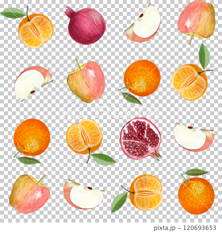 A striped apple, a pomegranate and an orange whole and half watercolor seamless pattern isolated on white. Hand-painted art perfect for kitchen design, prints, packages, wrapping paper, harvest theme 120693653
