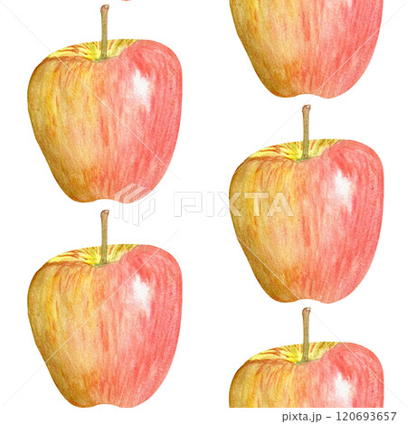 A red-yellow apple watercolor half drop seamless pattern isolated on white. Hand-painted art perfect for culinary designs, prints, packages, juice, harvest themed decor, fruit ads, wrapping paper 120693657
