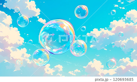 美しい青空に舞うたくさんのしゃぼん玉のイラスト背景 120693685