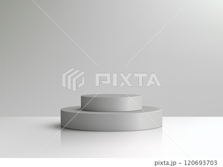 Minimal 3D Stacked Gray Circular Platforms on a White Background for Product Display, Mockups, and Elegant Showroom Concepts 120693703