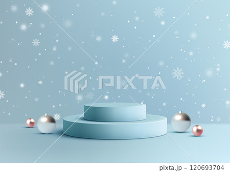 Christmas Festive 3D Winter Scene with Two Tiered Podium Snowflakes and Ornaments on a Light Blue Background for Mockups and Product Displays 120693704