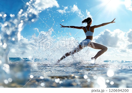 Woman doing yoga on beach overlaid with ocean waves and sunlight connecting body and nature Generative AI 120694200
