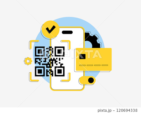 QR code and mobile payment digital wallet integration. Contactless transactions, secure online payments, e-commerce solutions and modern fintech payment systems. Isolated outline vector illustration QR code and mobile payment digital wallet integration. Contactless transactions, secure online payments, e-commerce solutions and modern fintech payment systems. Isolated outline vector illustration 120694338