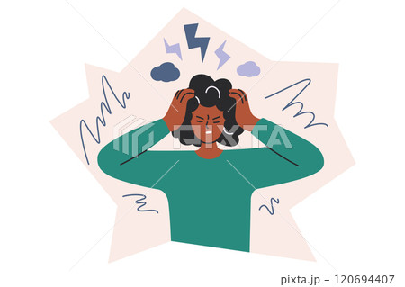 Stress and anxiety vector illustration in flat cartoon style. Frustrated woman holding her head, tension and headache. Perfect for concepts of mental health, emotions, and lifestyle 120694407