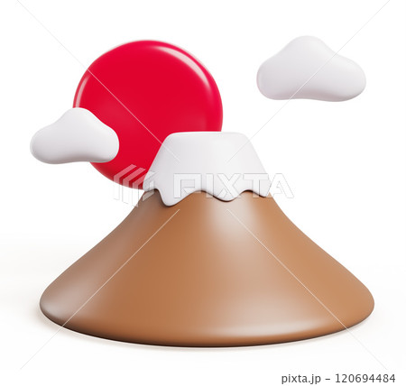 3d mount fuji japan with sun and clouds isolated on white background. Japanese sacred mountain, volcano with snow on peak, tourist attraction, high snowy hill, Cartoon render icon. 3D illustration 120694484