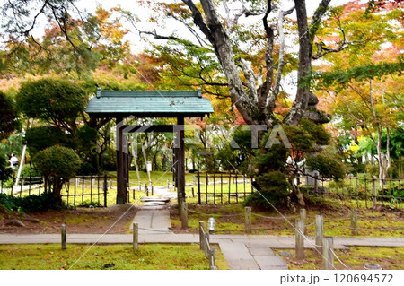 新潟県長岡市　もみじ園の散策路の門と紅葉 120694572
