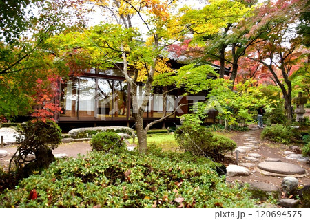 新潟県長岡市　もみじ園の巴ヶ丘山荘と庭園と紅葉 120694575