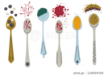 Vector illustration collection of allspice, saffron, turmeric, paprika, chili in vintage spoons. Flat cartoon style, doodle design, spices and aromatic seasoning, herbs for cooking Vector illustration collection of allspice, saffron, turmeric, paprika, chili in vintage spoons. Flat cartoon style, doodle design, spices and aromatic seasoning, herbs for cooking 120694589