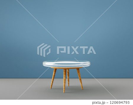3d wooden table podium with glass top in living room render. Studio interior with blue wall, gray floor and round transparent desk for product presentation, beauty cosmetic display. 3D illustration 3d wooden table podium with glass top in living room render. Studio interior with blue wall, gray floor and round transparent desk for product presentation, beauty cosmetic display. 3D illustration 120694793