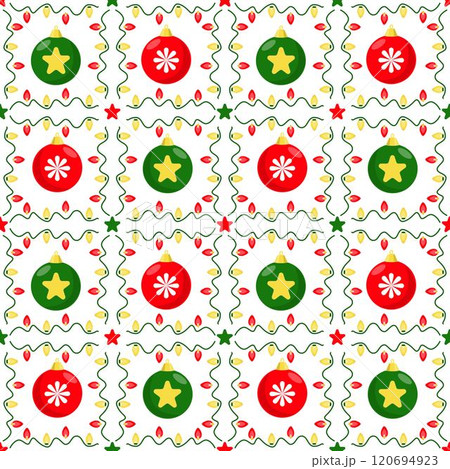 Seamless pattern with Christmas balls and light bulbs on a white background. 120694923