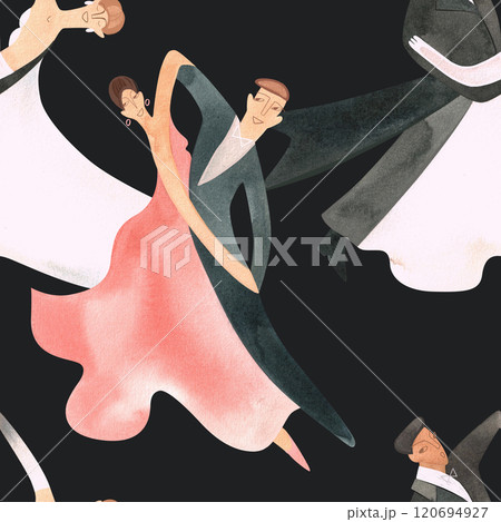 Ballroom dancing, standard. Adult couples on the parquet. Isolated watercolor illustration. Seamless pattern. Black background Ballroom dancing, standard. Adult couples on the parquet. Isolated watercolor illustration. Seamless pattern. Black background 120694927