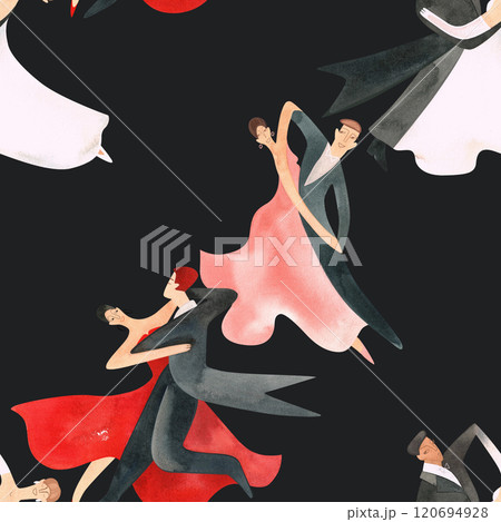 Ballroom dancing, standard. Adult couples on the parquet. Isolated watercolor illustration. Seamless pattern. Black background Ballroom dancing, standard. Adult couples on the parquet. Isolated watercolor illustration. Seamless pattern. Black background 120694928
