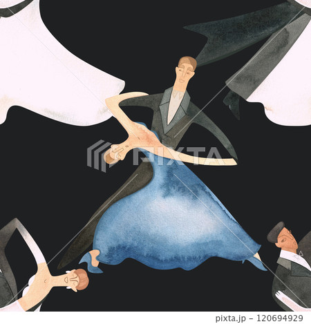 Ballroom dancing, standard. Adult couples on the parquet. Isolated watercolor illustration. Seamless pattern. Black background Ballroom dancing, standard. Adult couples on the parquet. Isolated watercolor illustration. Seamless pattern. Black background 120694929