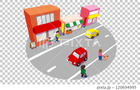 Streetscape of a shopping street lined with shops and people and cars passing by Streetscape of a shopping street lined with shops and people and cars passing by 120694995