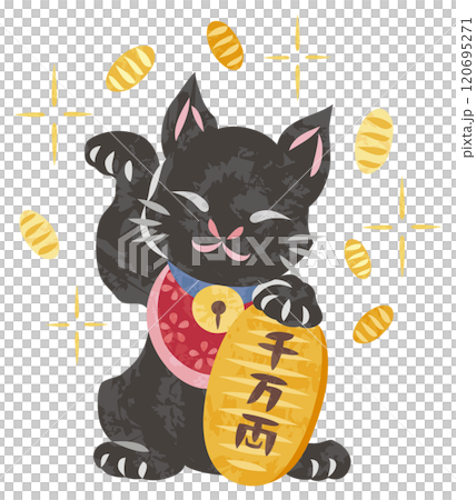 Illustration of a smiling maneki-neko (beckoning cat) raising its right paw and holding a gold coin Illustration of a smiling maneki-neko (beckoning cat) raising its right paw and holding a gold coin 120695271