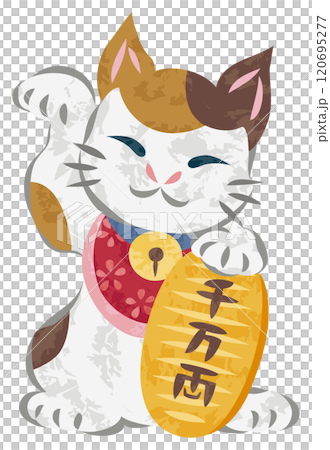 一隻微笑的招財貓拿著橢圓形硬幣並舉起右手的插圖 120695277