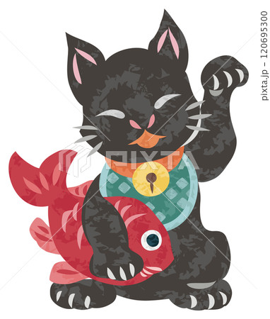 鯛を抱えて左手をあげた笑顔の招き猫のイラスト 鯛を抱えて左手をあげた笑顔の招き猫のイラスト 120695300