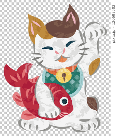 鯛を抱えて左手をあげた笑顔の招き猫のイラスト 120695302