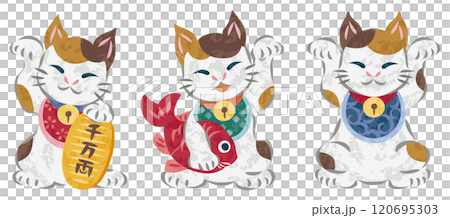 開運の招き猫 笑顔の三毛猫 イラストセット 開運の招き猫 笑顔の三毛猫 イラストセット 120695303