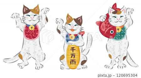 開運の招き猫 笑顔の三毛猫 イラストセットのイラスト素材 [120695304