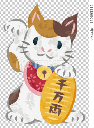 招財貓拿著小硬幣舉起右手的插畫 120695312