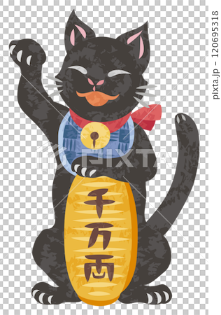 一隻微笑的招財貓拿著橢圓形硬幣並舉起右手的插圖 一隻微笑的招財貓拿著橢圓形硬幣並舉起右手的插圖 120695318