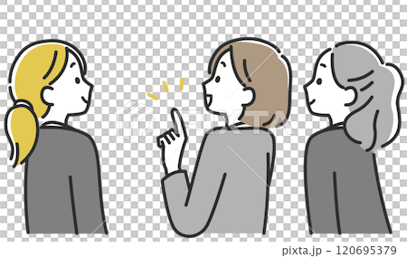 Illustration material of a business scene in which three women in suits are talking from behind Illustration material of a business scene in which three women in suits are talking from behind 120695379
