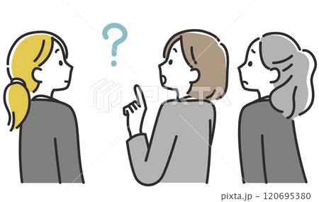 後ろ姿のスーツ姿の女性3人がトラブル対応するビジネスシーンのイラスト素材 120695380