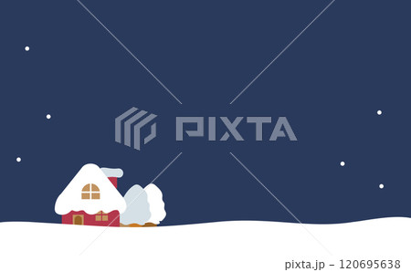 雪降る夜に佇むシンプルな家と木の背景イラスト 120695638