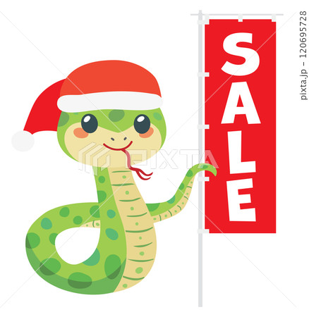 クリスマスセールで幟を持ったかわいい蛇のイラスト クリスマスセールで幟を持ったかわいい蛇のイラスト 120695728