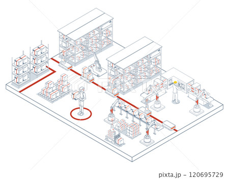 Warehouse automation uses robots and smart technologies to optimize logistics with minimal human intervention. Vector illustration EPS 10 120695729