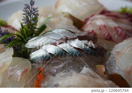 Fresh mackerel sashimi with a silvery sheen Fresh mackerel sashimi with a silvery sheen 120695784