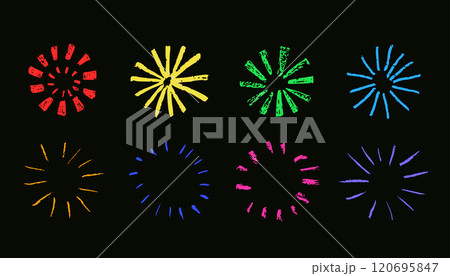 Firework chalk drawing, brush strokes texture, vector cute illustration isolated on dark background. 120695847