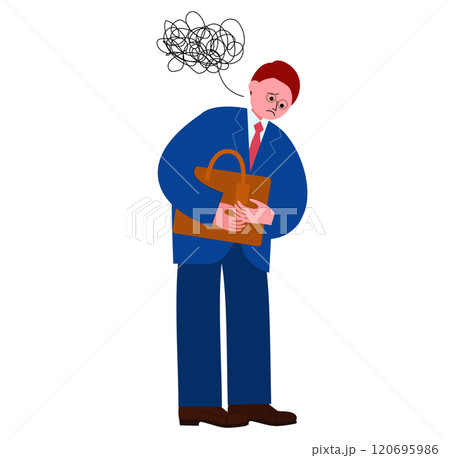 バッグを抱えて落ち込んで立ちすくむスーツのメガネの男性のベクターイラスト バッグを抱えて落ち込んで立ちすくむスーツのメガネの男性のベクターイラスト 120695986
