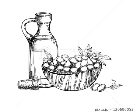 Glass bottle with olive oil with cork and a wooden bowl with olive fruit berries and leaves. Vector illustration. Carafe with food sauce. Ink line art hand drawn illustration isolated from background Glass bottle with olive oil with cork and a wooden bowl with olive fruit berries and leaves. Vector illustration. Carafe with food sauce. Ink line art hand drawn illustration isolated from background 120696052