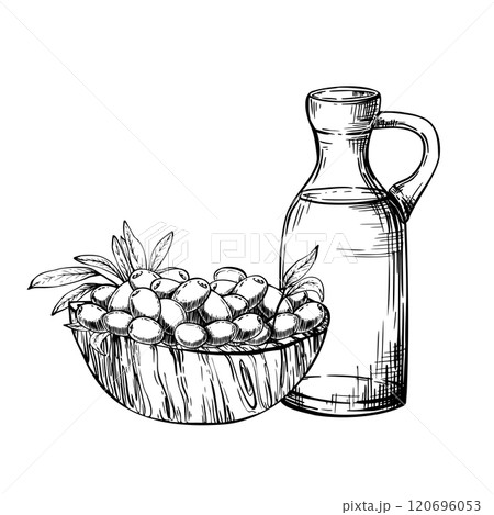 Glass bottle with olive oil and a wooden bowl with olive fruit berries and leaves. Vector illustration. Carafe with food sauce. Black Ink line art hand drawn illustration isolated from background 120696053