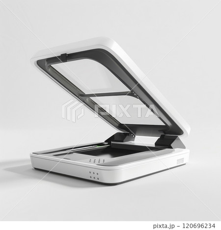 Open flatbed scanner on white surface with minimalist design for office or home use 120696234
