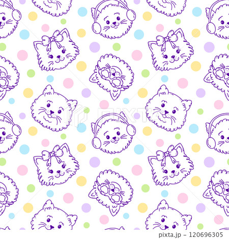 Seamless pattern with cat faces and dots. Seamless pattern with cat faces and dots. 120696305