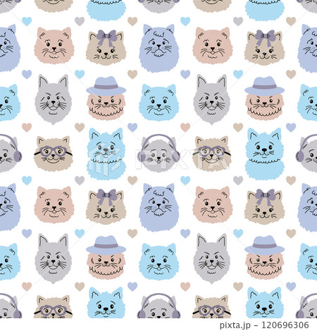 Seamless pattern with cat faces and hearts. Seamless pattern with cat faces and hearts. 120696306